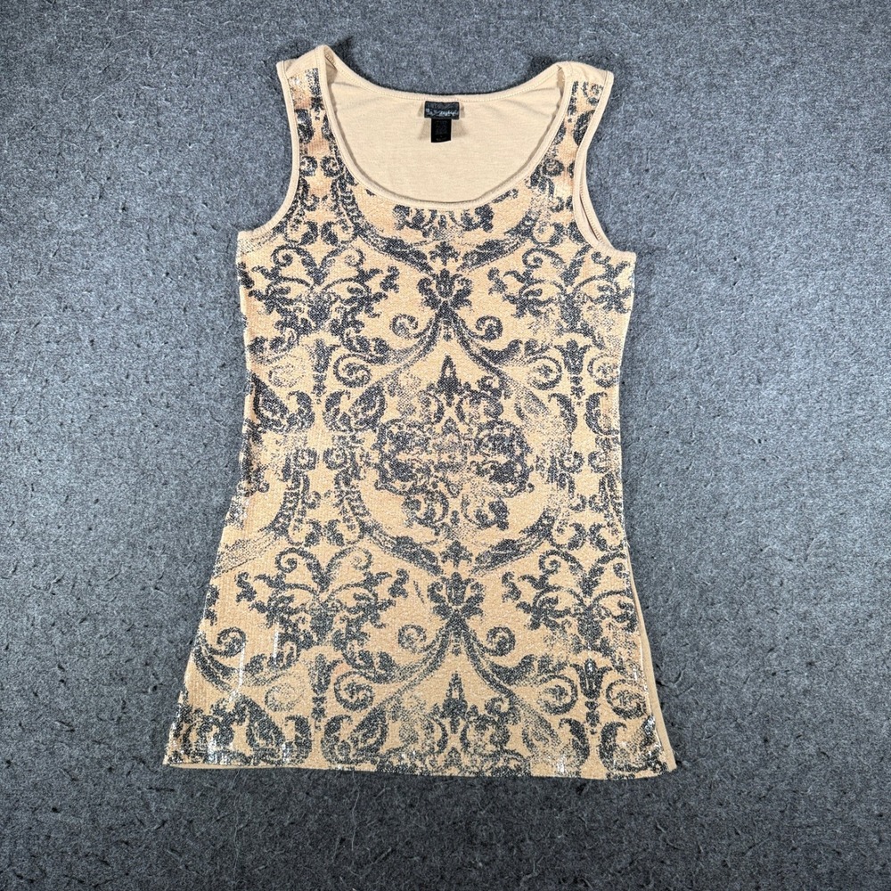 Daytrip Womens Tan Damask Sequin Scoop Neck Tank Top Large Boho Glam Sleeveless